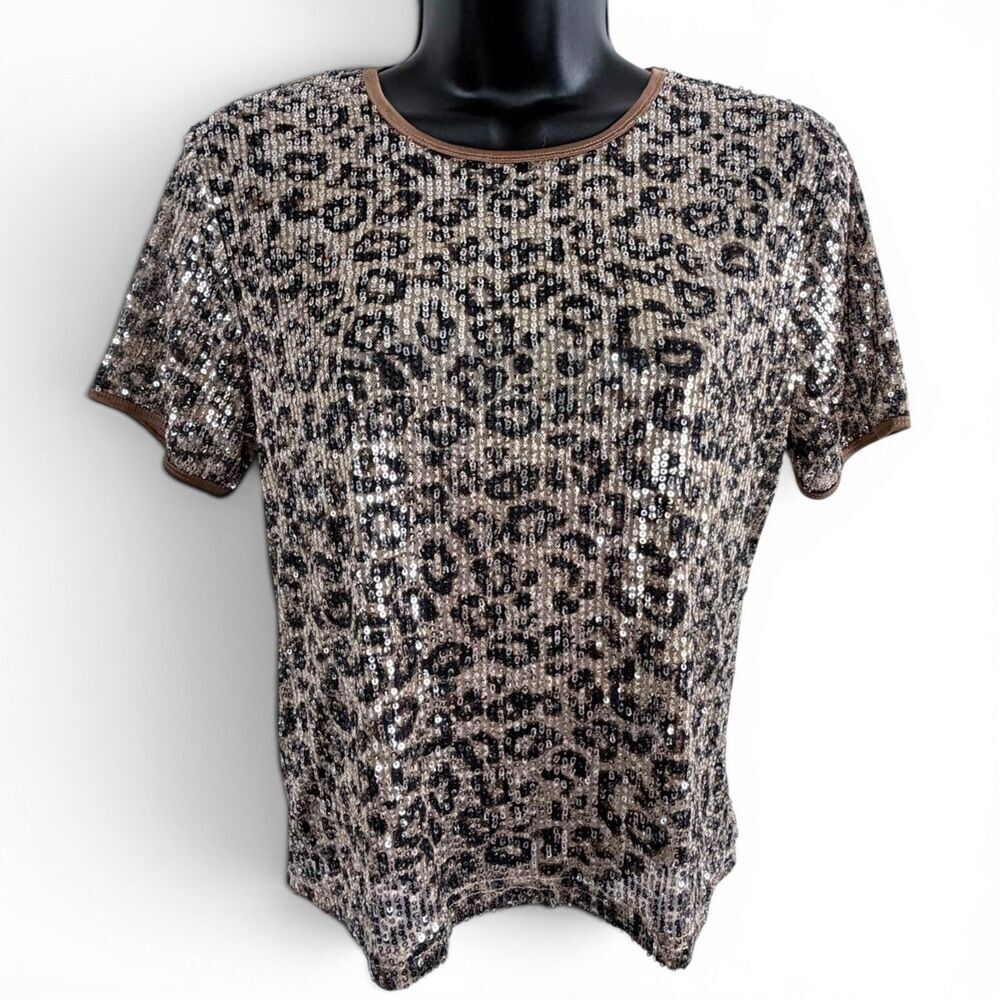 sans souci sequin medium leopard top y2k party mob wife beige, brown women's top